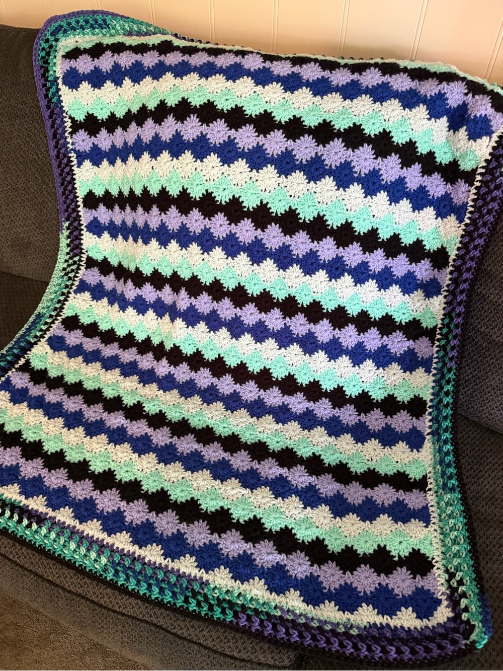 Handmade Crochet Harlequin Baby Blanket in Blue, Mint, Lavender and Black